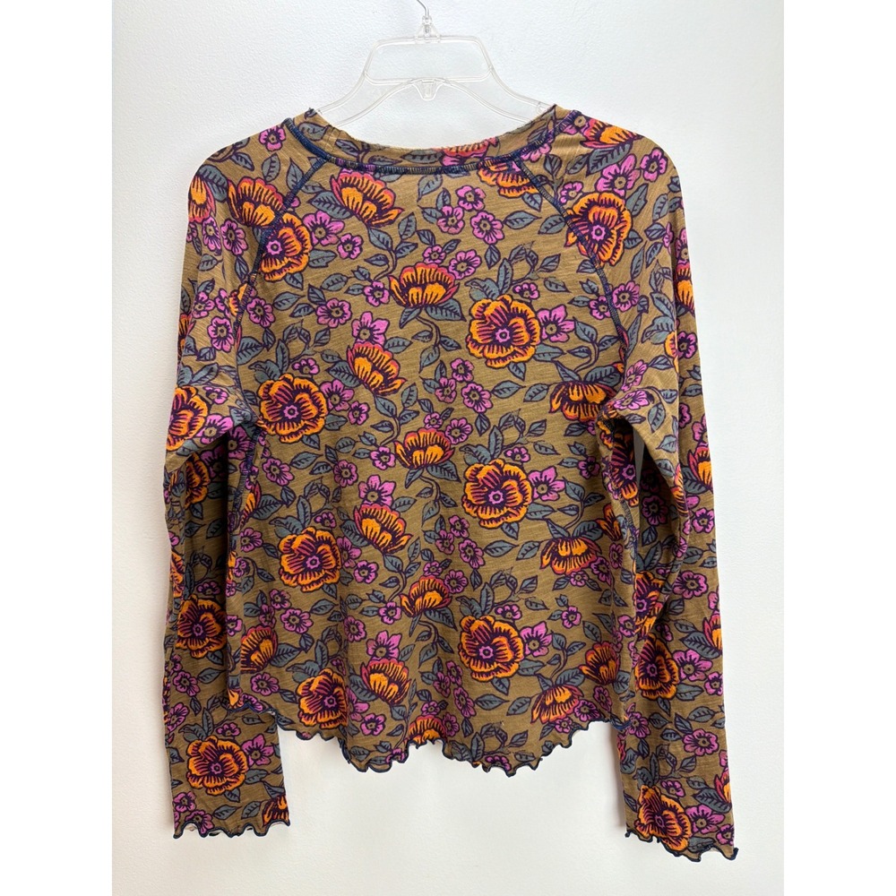 Natural Life Floral Multicolor Cotton Pullover Top Long Sleeve Lettuce Trim - Picture 3 of 9